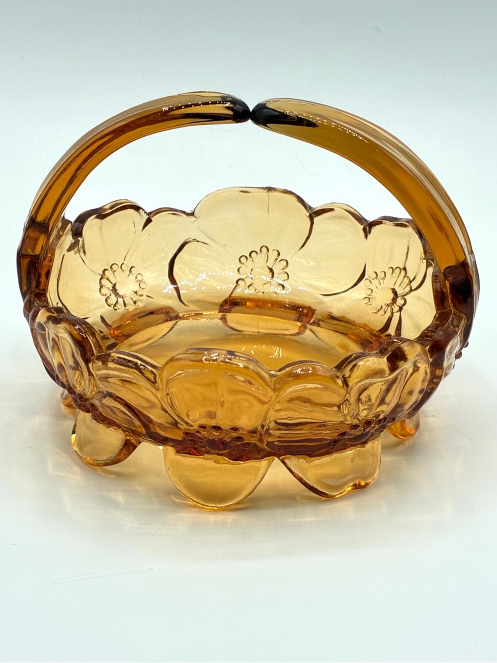 Vintage Westmoreland Amber Glass Candy Dish Split Handle Dogwood Basket